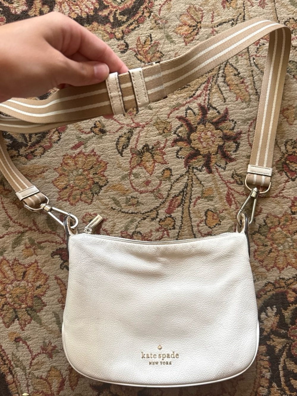 kate spade Cream Pebbled Leather Crossbody with Striped Canvas Strap
